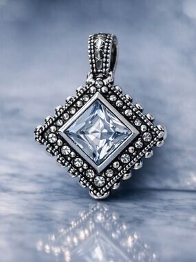 Vintage Sterling Silver Pendant • Clear Faceted Gem • Ornate Beaded Frame • 7.1g